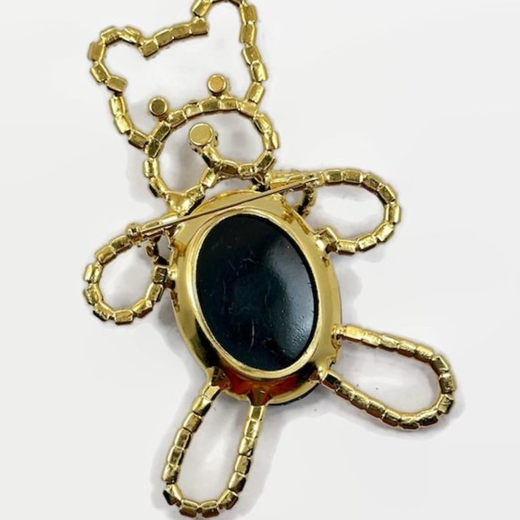 Bear Brooch, Teddy Bear, 3 3/4" Long, Orange Rhinestones, Gold, Vintage Pin - Picture 4 of 4